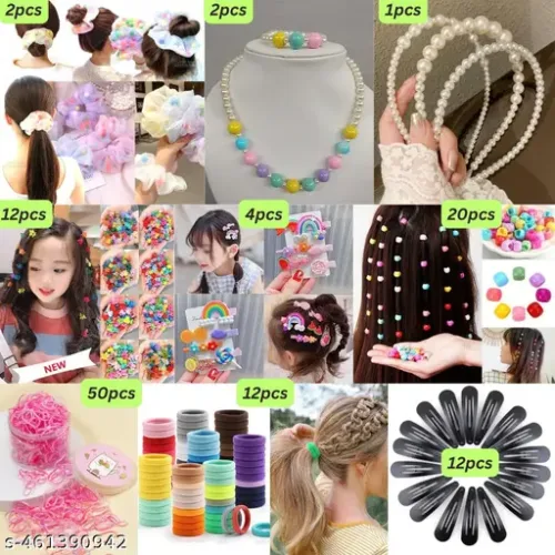 New Trendy Combo of Hair Accessory Pack115 with Kids Baby Girl Necklace Bracelet Children Rubber Bands,Hair Rubber Bands,Scrunchy Bands,Tic-Tac- Hair Clip,Scarf Scrunchi Claw Clip,Tic-Tac,TIKTik