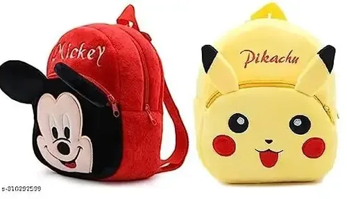 ARAFSHA. Micky & Pikachu Velvet Soft Plush Cartoon School Bag Combo for Kids School Nursery Picnic (1-6 Years)