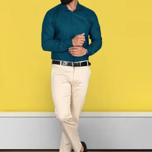 Tee Projekt Men's Solid Regular Spread Collar Teal Shirts