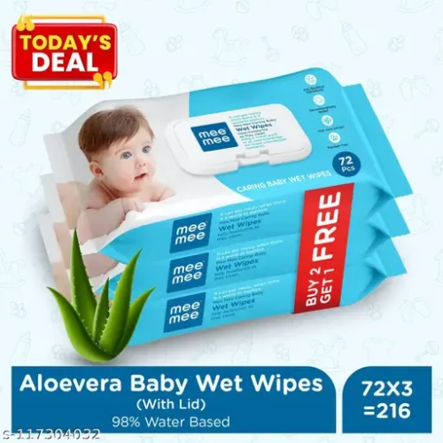 Mee Mee Aloe Vera Caring Baby Wet Wipes with Lid (Pack of 3 , 72 Wipes each , 216 wipes total ) | Baby Skin Friendly Wipes | 98% Water-Based Baby Wipes | Gentle & 0% Hypoallergenic Wipes | Made from Premium Spun Lace Fragrance-Free Baby Wipes | Soft and Moisturizing Wipes | Hygienic Baby Wipes